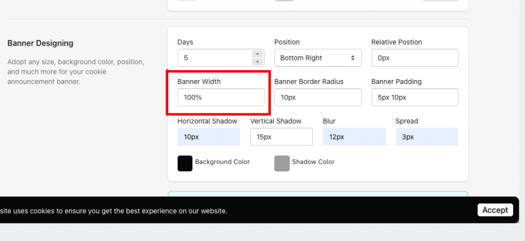 change the width of the cookie banner