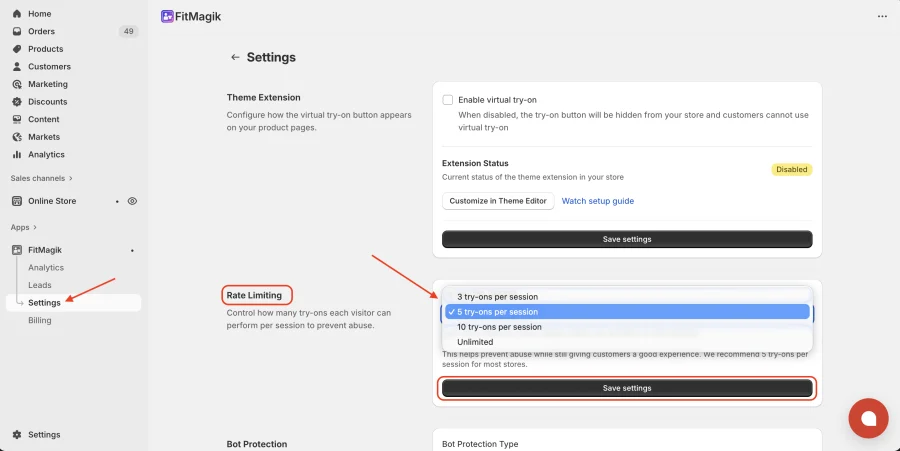 FitMagik rate limiting settings